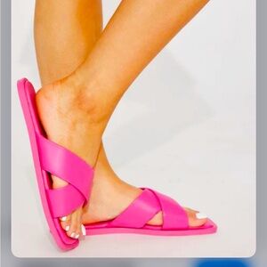 L’AGENCE Bright Pink Leather Slide Sandals Size 36 Designer Flat